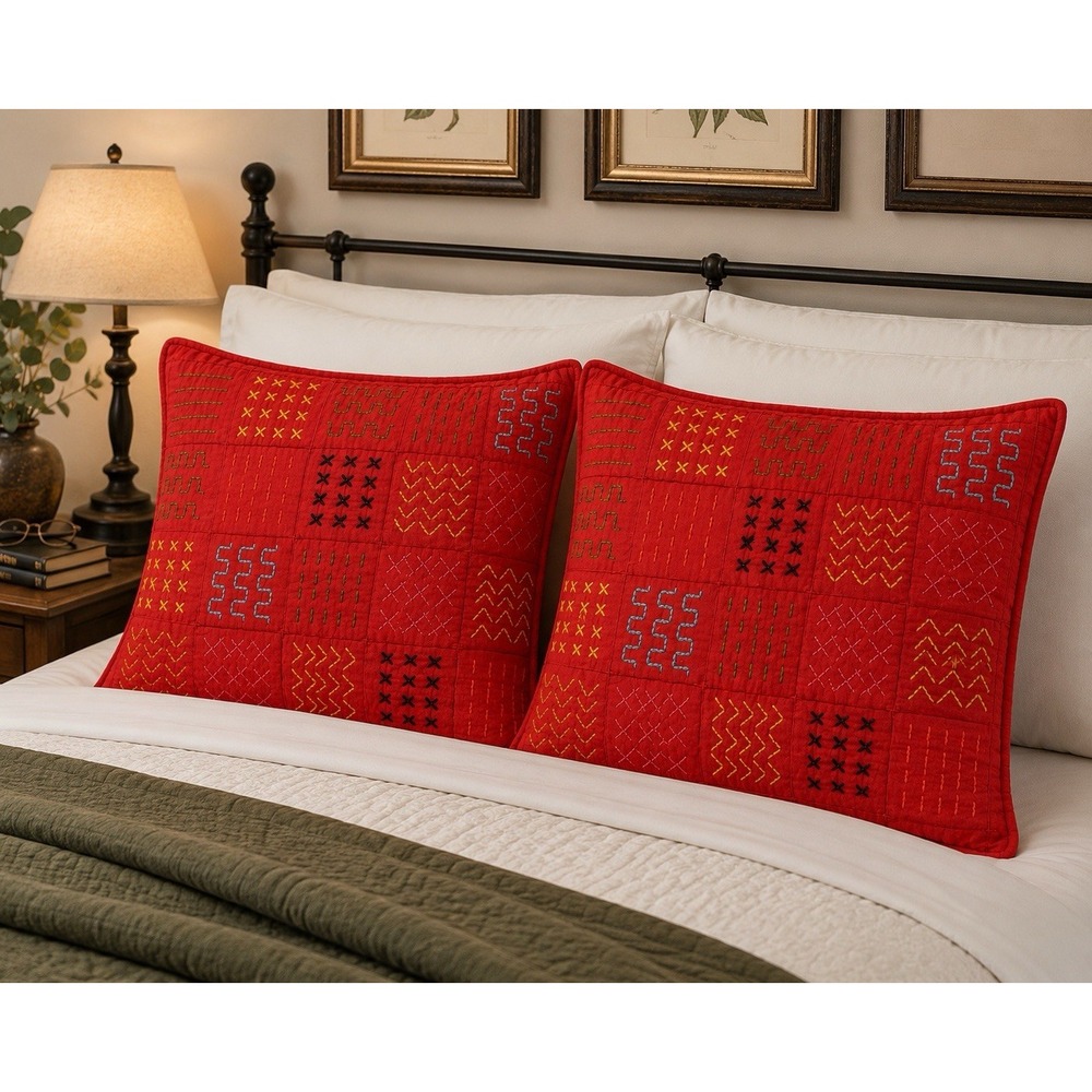Garnet Hill Red Embroidered Quilted Standard Pillow Shams Set of 2 Patchwork